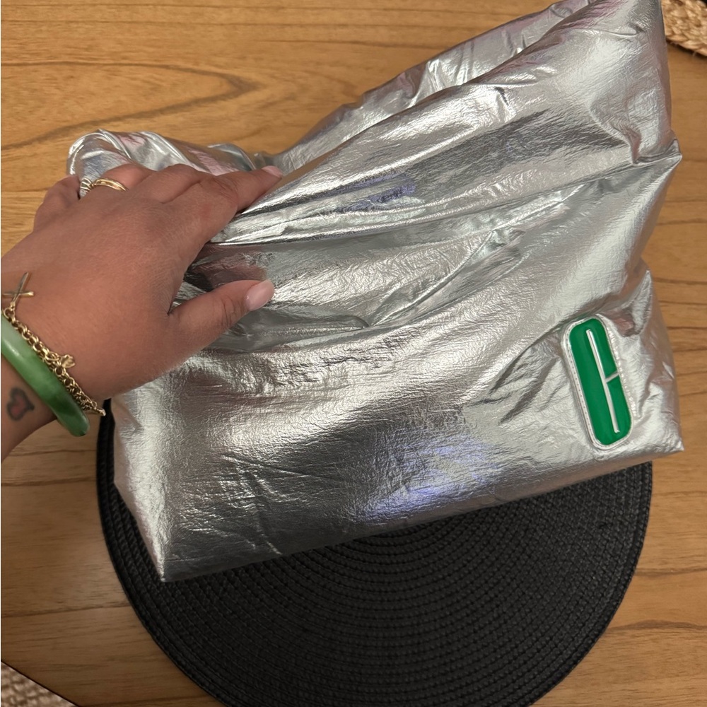 Clinique Silver Metallic Tote or Clutch with Green Accent